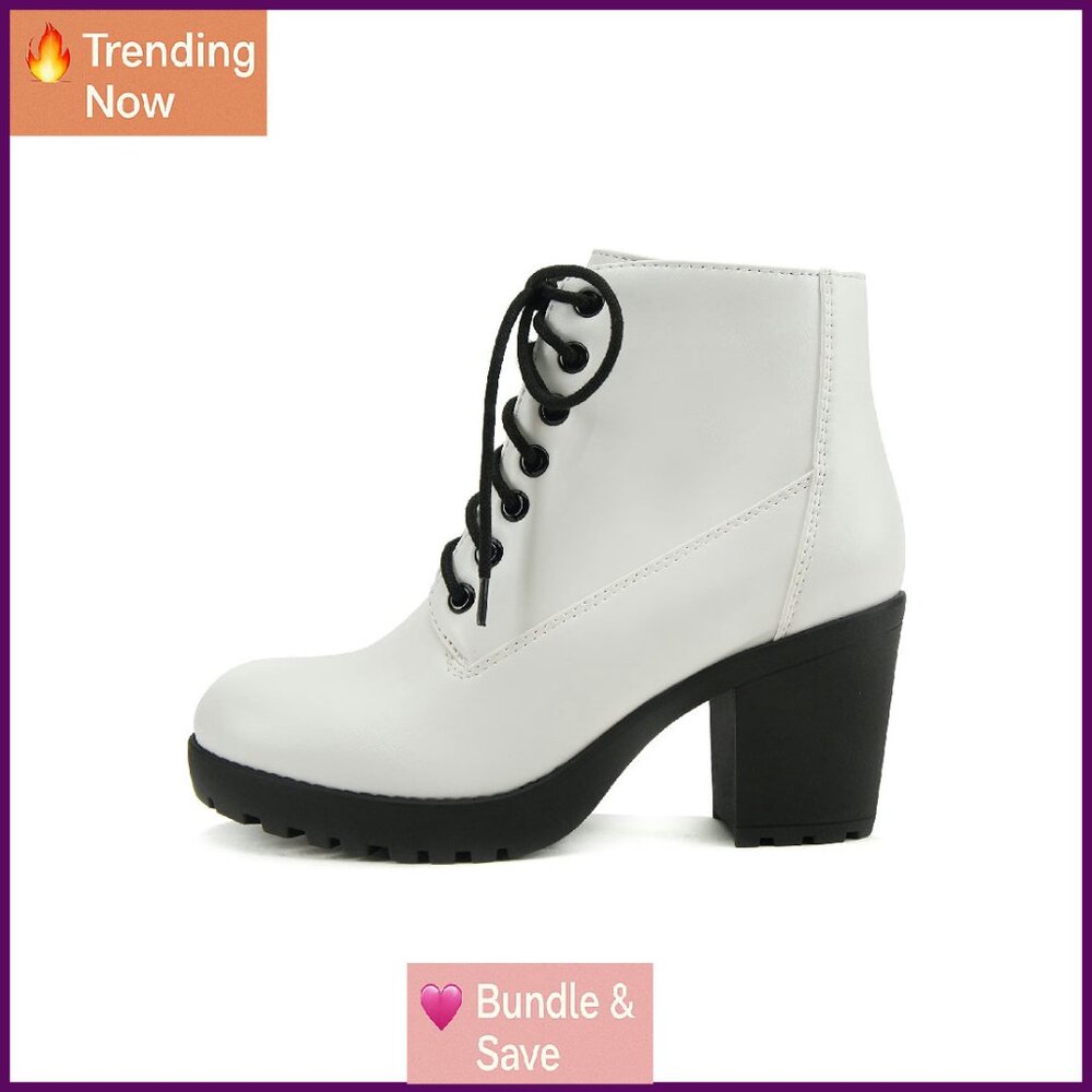 Chunky Heel Combat Ankle Boots Lug Sole Lace Up Side Zipper